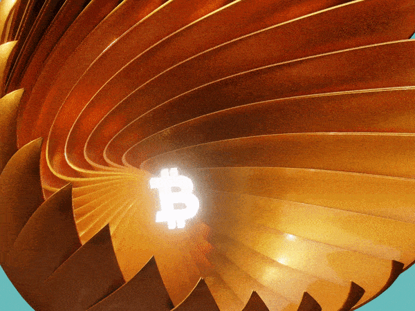 blender animation of a flowing metallic flower with a bitcoin symbol spinning at the center