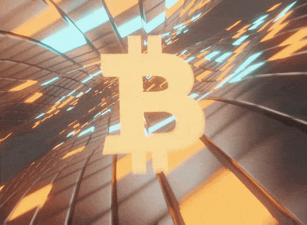 blender animation of a glowing orange bitcoin symbol with metallic blocks moving like waves behind it